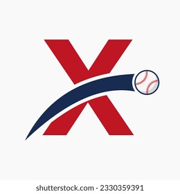 Baseball-Logo auf Buchstabe X mit bewegtem Baseballsymbol. Baseball-Logotype-Vorlage