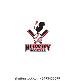The baseball logo says Rowdy Roosters with a black and red chicken icon