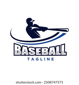 Baseball logo with a silhouette of a player hitting the ball, surrounded by curved lines that create a sense of dynamic movement. suitable for team branding, sporting events