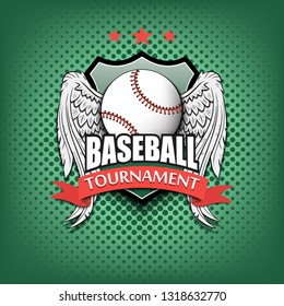 Baseball logo template design. Baseball ball with wings. Vintage Style. Isolated on green bubbles background. Vector illustration