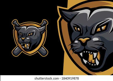 Baseball logo template. Panther animal head on black background. Wildlife vector illustration.