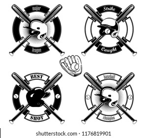 baseball logotypes emblems bats balls and protective helmet sport equipment