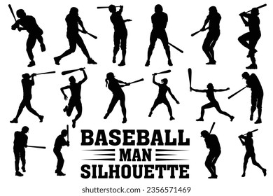 Baseball Man Silhouette Bundle, Drawing, Art, Vector, Baseball Man SVG, Baseball Design Bundle Illustration svg
