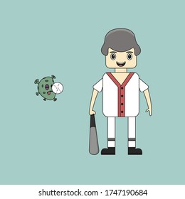 Icono vectorial del hombre de béisbol. Caricatura de la mascota Corona.  Diseño de caricatura plana adecuado para Banner, Volante, página de aterrizaje