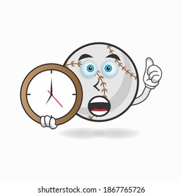 Baseball mascot character holding a wall clock. vector illustration