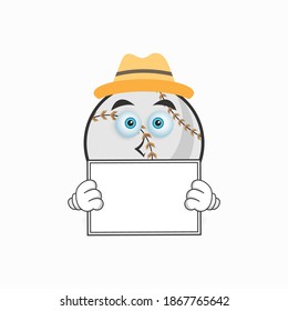 Baseball mascot character holding a white blackboard. vector illustration