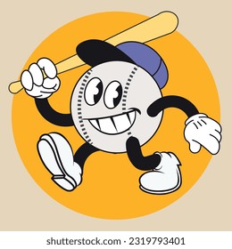 baseball mascot, vintage cartoon character, vector logo, sports sticker design concept