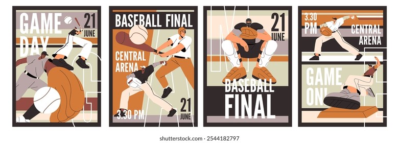 Baseball match event posters designs set. Promotion templates of sports competition. Sportsmen in helmet play, throw ball. Professional players in uniform hit with bat. Flat vector illustrations