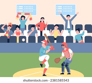 Baseball match on stadium with fans. Players and spectators, american sport athletes play competition. Flat recent vector championship scene