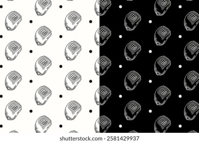 baseball mitten with star doodle seamless pattern on black white background set. baseball gloves with light engraving pattern background. retro softball mitt background for sport club merchandise