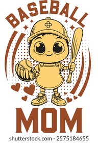 Baseball Mom Cute Cartoon Graphic Design- Mother's Day Baseball Artwork, Adorable Sports Mom Illustration, Baseball-Themed Gift for Moms, Creative Mother's Day Vector, Cute Baseball Print Design