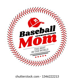 Baseball mom emblem with baseball lacing and a hat on white background. Vector