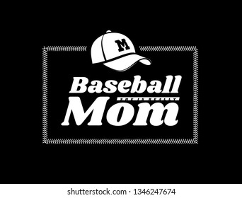 Baseball Mom Emblem With Baseball Lacing And A Hat On Black Background. Vector