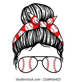 Baseball Mom. Women face with aviator glasses bandana and baseball print. Messy Bun Mom Lifestyle. Vector illustration.  Isolated on white background. Good for posters, t shirts, postcards.