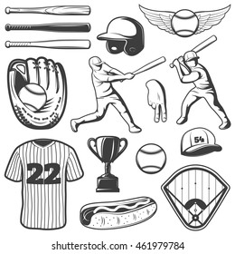 Baseball monochrome elements set with logo sports outfit and gesture trophy players hot dog isolated vector illustration