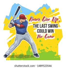 Baseball motivational sport poster design. Vector illustration of baseball player with bat on abstract background