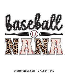 Diseño de nana de béisbol con letras estampadas de leopardo, costuras de béisbol y murciélagos cruzados. Arte vectorial perfecto para el bolso o el cartel de la taza de la impresión de la camisa. Ideal para abuelas orgullosas y fanáticos del béisbol que aman las obras de arte de tipografía deportiva de moda que celebran el orgullo y la Asistencia del equipo familiar.