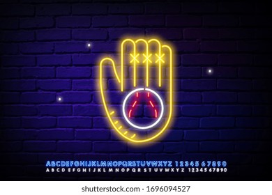 Baseball neon light concept icon. The idea of a neon glove. Team sport. Baseball bat, ball, gloves, cap. A glowing sign with the alphabet, numbers, and symbols. Vector isolated illustration