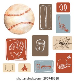 Colección de objetos de béisbol, realizada en acuarela y técnica de doodle incluyendo pelota, gorra, guante, hotdog, silbato. Icono de béisbol, logotipo, banner, etiqueta, tarjeta