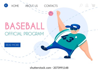 Baseball official program landing page template. Young baseball player vector cartoon character design. Catcher in uniform and sunglasses waiting for ball. Active lifestyle, hobby, sport concept.