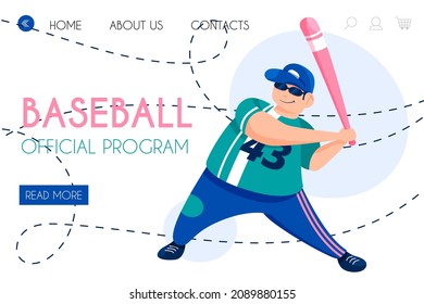 Vorlage für die offizielle Programmlandung im Baseball. Junge Baseballspieler, Vektorgrafik-Charakterdesign. Fang in Uniform und Sonnenbrille warten auf Ball. Aktiver Lebensstil, Hobby, Sportkonzept.