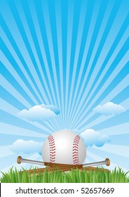baseball on grass with blue sky