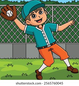 Baseball Outfielder Catching Ball Colored Cartoon 