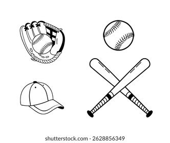 Baseball Outline Clip Art Collection, Baseball Cap Bat And Glove Sport Isolated Equipment, Baseball Element Drawing Abstract Baseball Player Silhouette Outline clip art set.