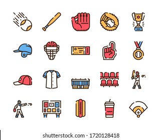 Baseball outline icons set on white background. Sport competition signs in thin line style. Baseball players, sports uniform and stadium design elements. Professional league vector pictograms.