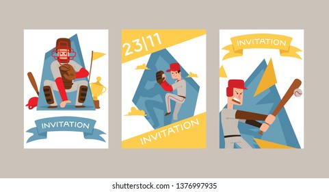 Baseball people vector player man character in catchers sportswear and batters baseballbat or ball for competition backdrop illustration sportsman boys with catchers glove background invitation set.