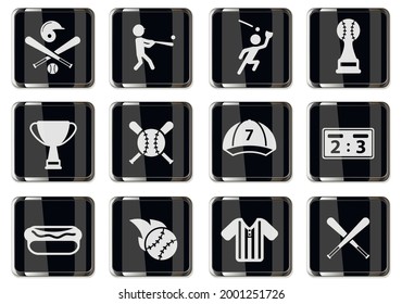 Baseball pictograms in black chrome buttons. icon set for your design. vector icons