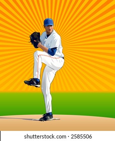 Baseball pitcher about to throw the baseball to home plate - VECTOR