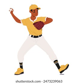 Baseball Pitcher Character In Yellow Uniform Preparing To Throw The Ball. Player Is Focused And Shows An Athletic Stance, Displaying Energy And Determination In The Sport. Cartoon Vector Illustration