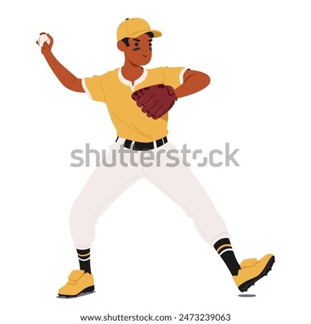 Baseball Pitcher Character In Yellow Uniform Preparing To Throw The Ball. Player Is Focused And Shows An Athletic Stance, Displaying Energy And Determination In The Sport. Cartoon Vector Illustration