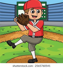 Baseball Pitcher Colored Cartoon Illustration