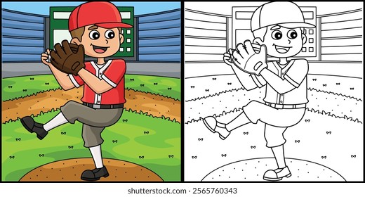 Baseball Pitcher Coloring Page Illustration