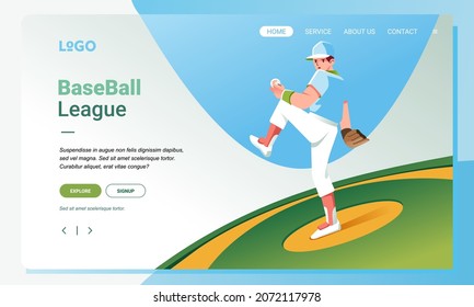 baseball pitcher is getting ready to throw the ball, landing page illustration design for website or app banner