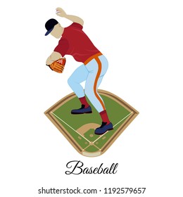 Baseball pitcher with glove throwing ball. Vector flat illustration isolated on white background.