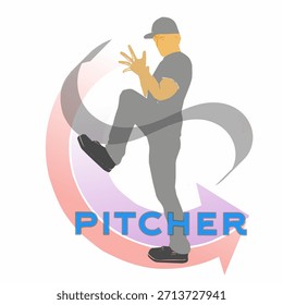 Ilustración de lanzador de béisbol que muestra el movimiento de lanzamiento con movimiento dinámico, adecuado para gráficos deportivos, logotipos, carteles y diseños atléticos.