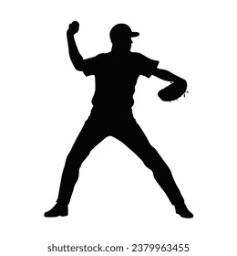 Baseball pitcher, mens' baseball pitcher throwing the curveball to the batter. Baseball player, vector silhouette of a baseball player