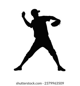 Baseball pitcher, mens' baseball pitcher throwing the curveball to the batter. Baseball player, vector silhouette of a baseball player