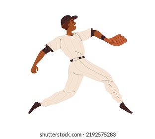 Baseball pitcher player running with ball to throw. Athlete thrower in pitch glove. Sports man playing game. Happy sportsman in action. Flat vector illustration isolated on white background