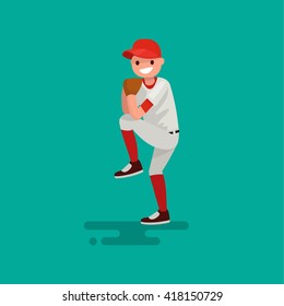 Baseball pitcher player throws the ball . Vector Illustration flat design