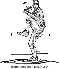 A baseball pitcher ready to throw the ball. Hand drawn vector illustration. 