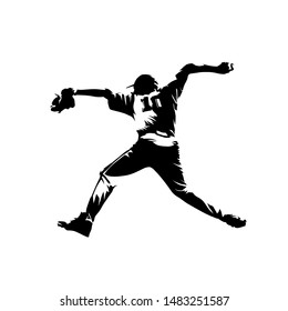 Baseball pitcher throwing ball, isolated vector silhouette, comic drawing. Baseball player