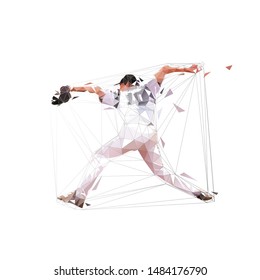 Baseball pitcher throwing ball, isolated low poly vector illustration, geometric drawing. Baseball player