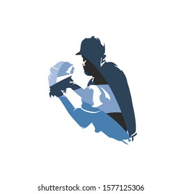 Baseball pitcher throwing ball, isolated abstract blue vector silhouette