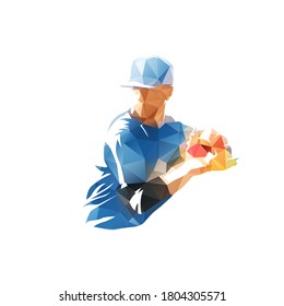 Baseball pitcher throwing ball. Low polygonal logo. Isolated geometric vector drawing from triangles