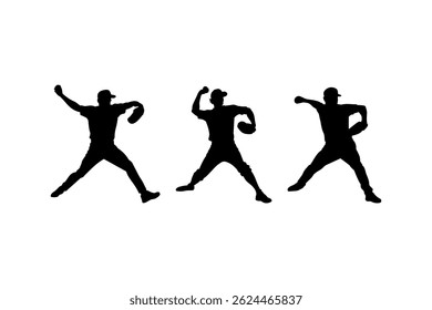 baseball pitcher throwing ball silhouette set