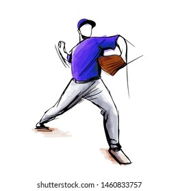 baseball pitcher throwing ball vector watercolor sketch orange shirt